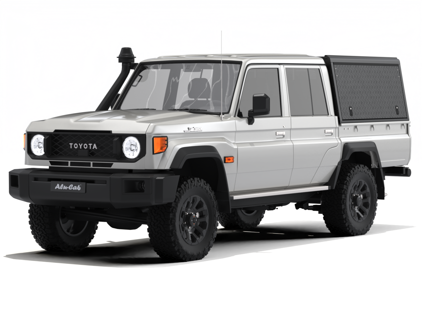 Hardtop Alu-Cab Explorer 3 en aluminium pour Toyota Land Cruiser 79 Double-Cab, vue de face avec fixation.