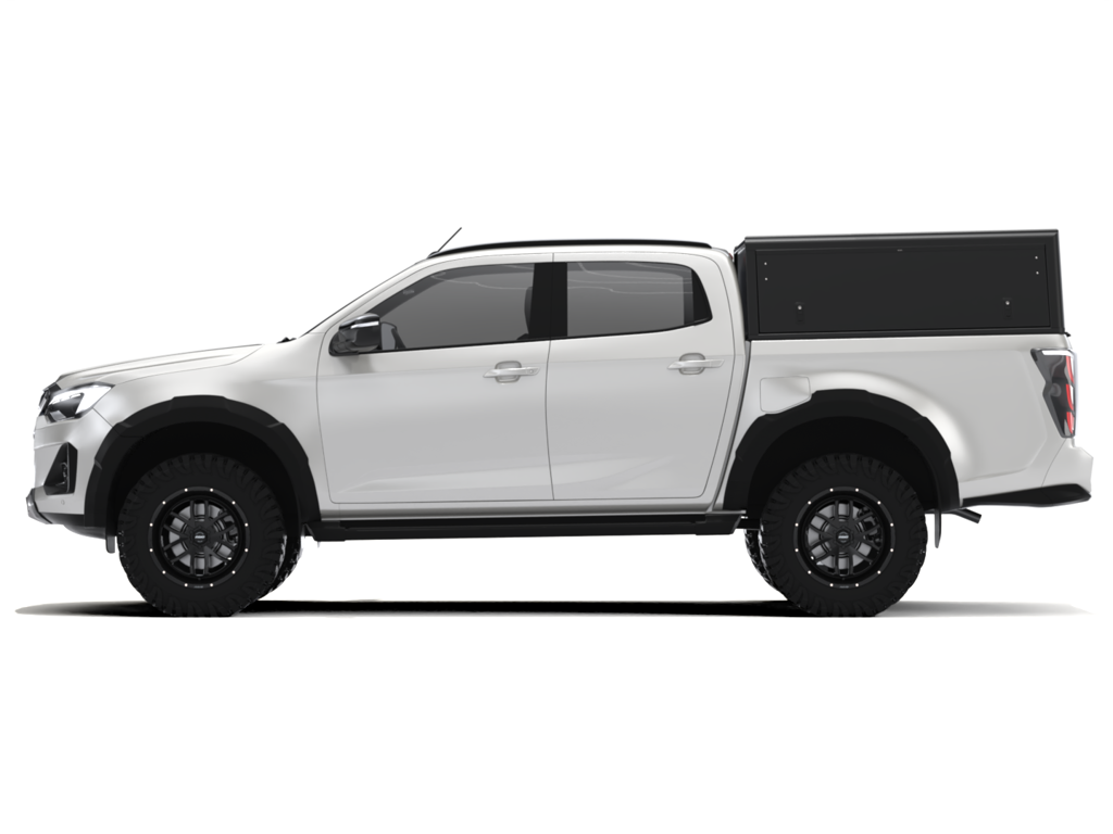 Hardtop Alu-Cab "Guard" pour Isuzu D-Max 2020+ Double-Cab, en aluminium, vue de face avec fenêtres latérales