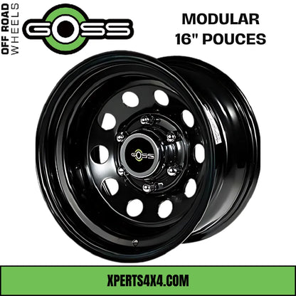 Jante en acier GOSS Modular 16 pouces noire, vue de face, pour véhicule, avec détails de la finition en noir.
