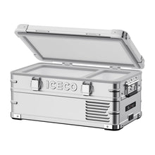 Réfrigérateur/congélateur ICECO 20L en argent, compact et léger, idéal pour le stockage de nourriture et boissons.
