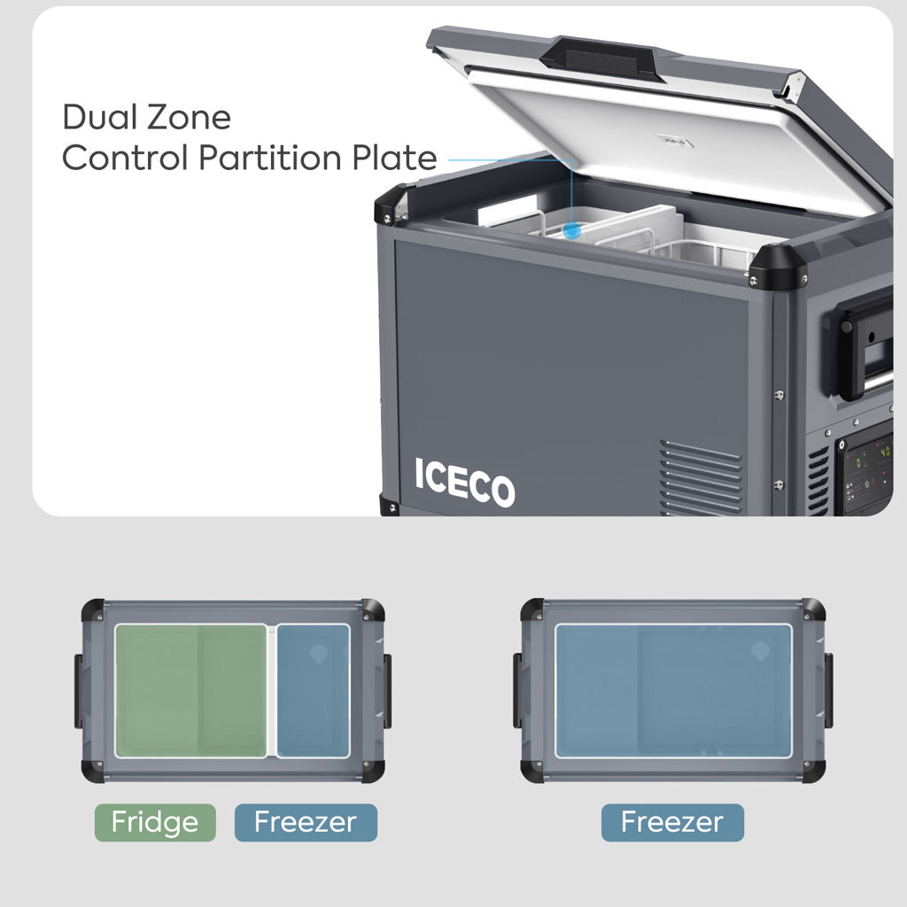 Réfrigérateur/congélateur ICECO 75L gris avec deux compartiments, compact et pratique pour le stockage alimentaire.