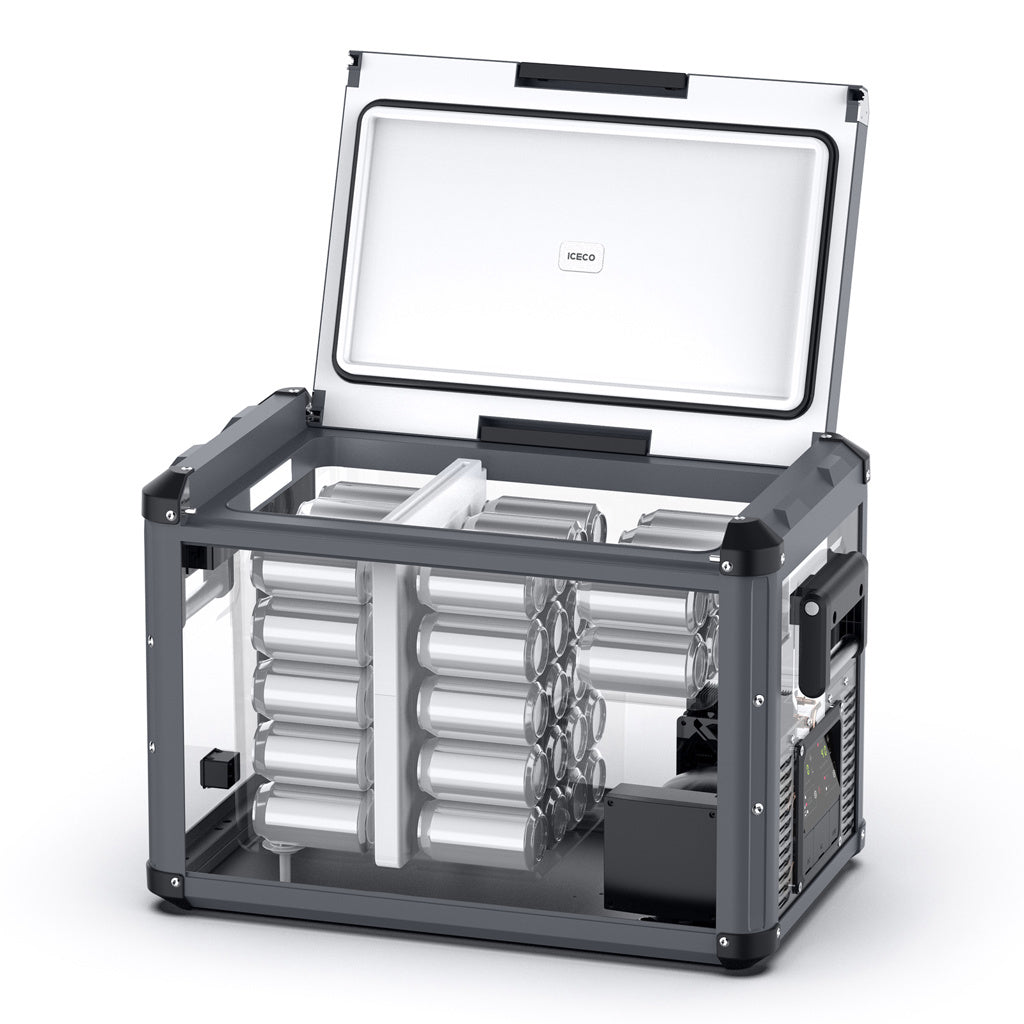 Réfrigérateur/congelateur ICECO 75L double compartiment, gris, avec portes, pour stockage d'aliments et boissons.