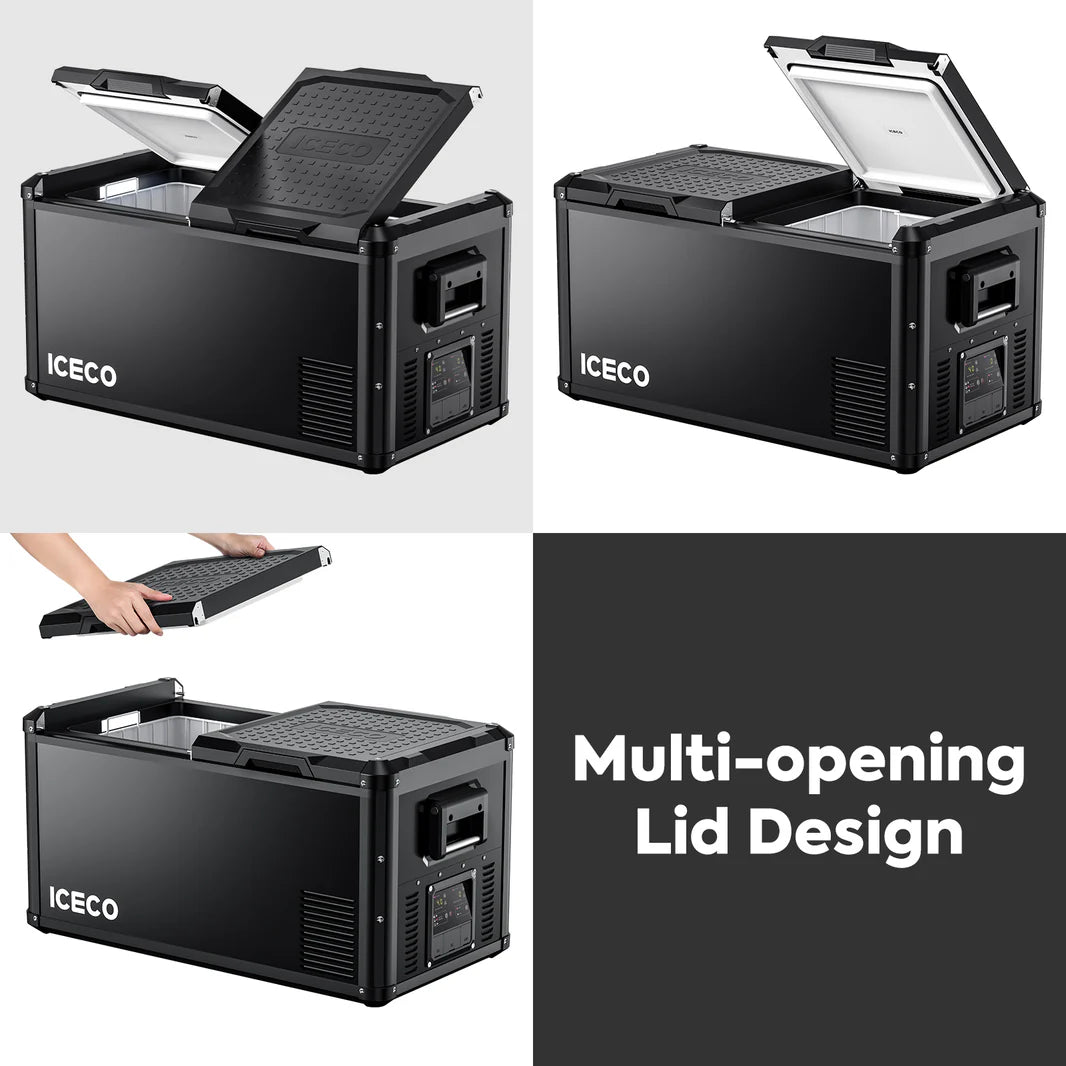 Réfrigérateur/congélateur ICECO 90L noir avec double compartiment, compact et pratique pour le stockage alimentaire.