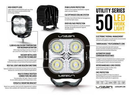 Feu arrière rouge LAZER LAMPS Utility-50, phare de travail LED pour éclairage LED robuste et efficace.