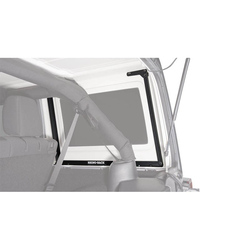 Galerie de toit RHINO-RACK RLT600 pour Jeep Wrangler JK 4 portes, 1800mm x 1430mm, vue de côté avec accessoires.