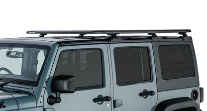 Galerie de toit Rhino-Rack RLT600 pour Jeep Wrangler JK 4 portes, dimensions 1800mm x 1430mm, vue de profil.