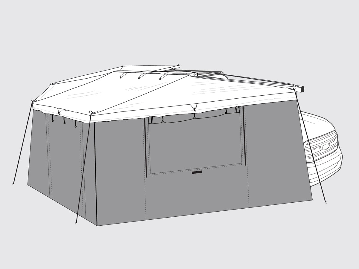 Auvent auto-portant 270° RHINO-RACK avec parois batwing côté droit, pour camping et activités extérieures.