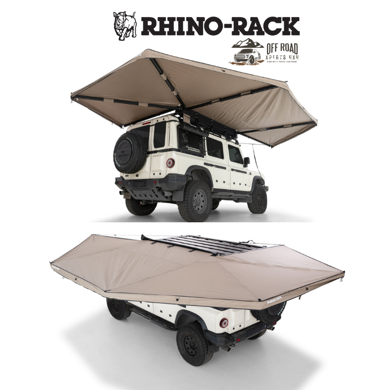 Auvent auto-portant RHINO-RACK 270° Batwing côté droit avec parois pour véhicule tout-terrain.