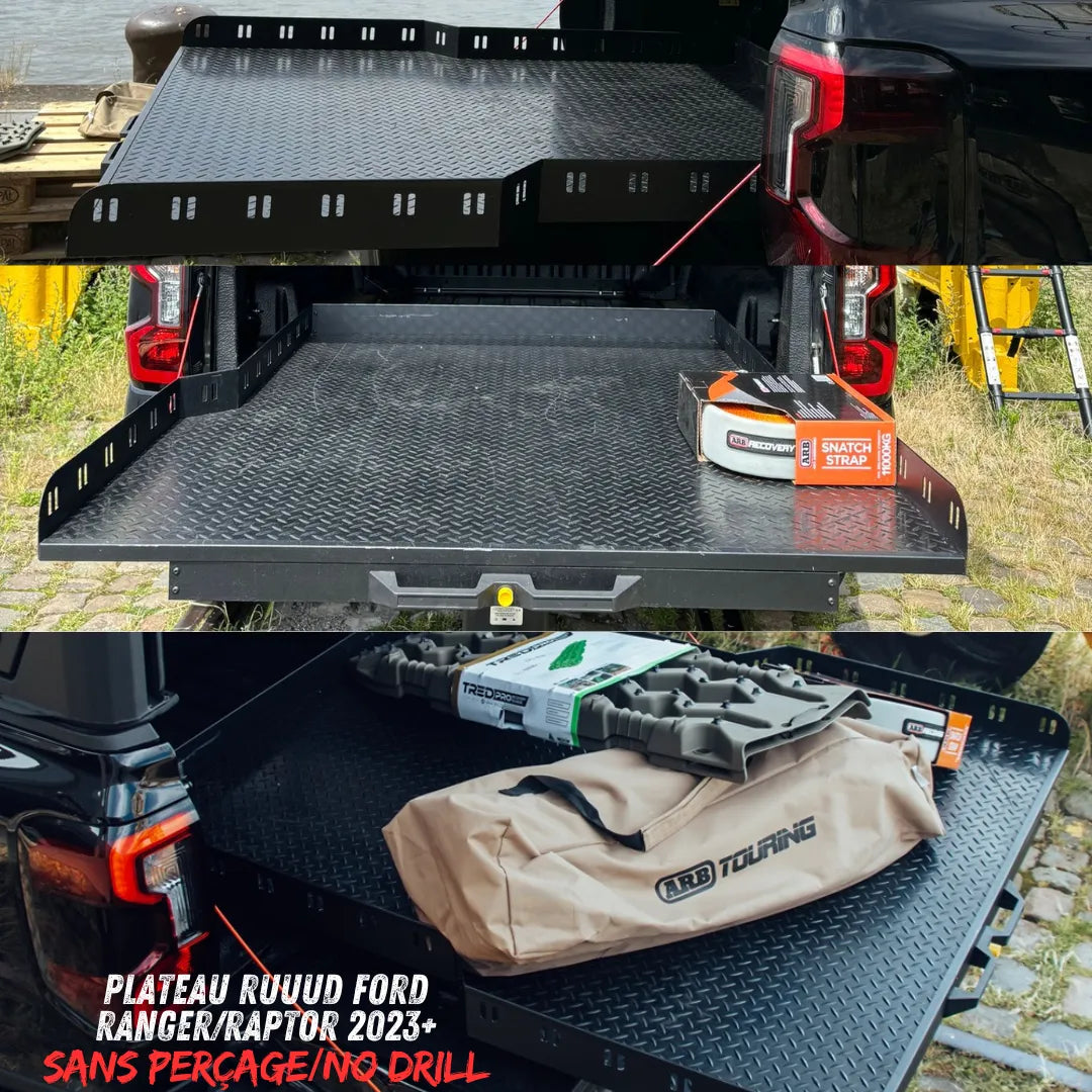 Plateau coulissant RUUUD pour Ford Ranger Raptor 2023+ Next Gen, sans perçage, installation facile, robuste et fonctionnel.