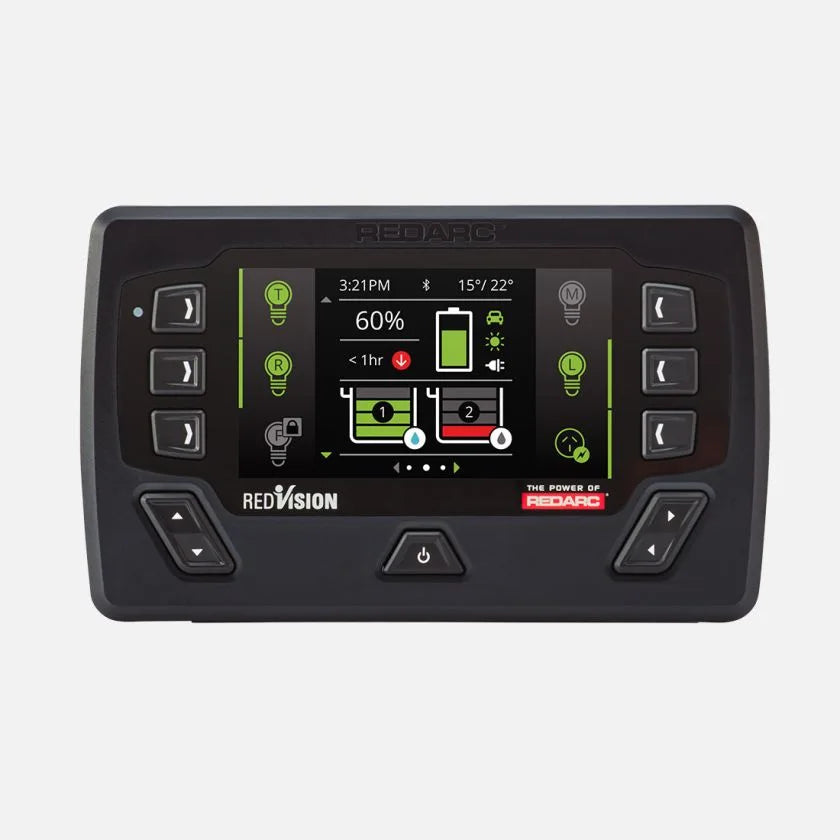 Système de gestion de batterie REDARC SOLI BCDC Alpha50R TVMS Rogue pour énergie et autonomie, avec afficheur numérique.