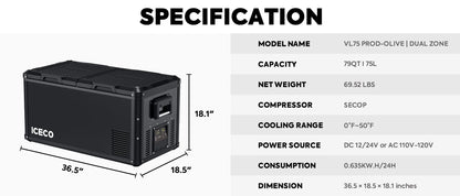 Refrigerateur/Congelateur ICECO 75L Double Compartiments - Noir sur Xperts4x4 Accessoires 4x4 Off-Road