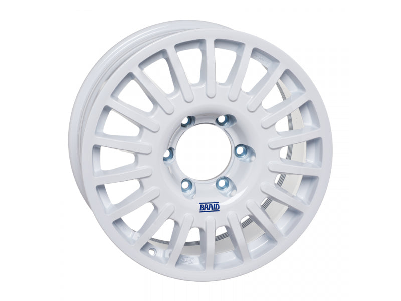 Jante en aluminium BRAID Winrace blanche 5x17 pouces, 6x139,7 ET20, pour véhicule tout-terrain, vue de face.